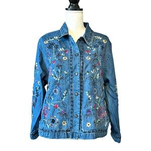 Vintage Tantrums 90s Floral Embroidered Denim Shirt Jacket Women’s SZ M Blue